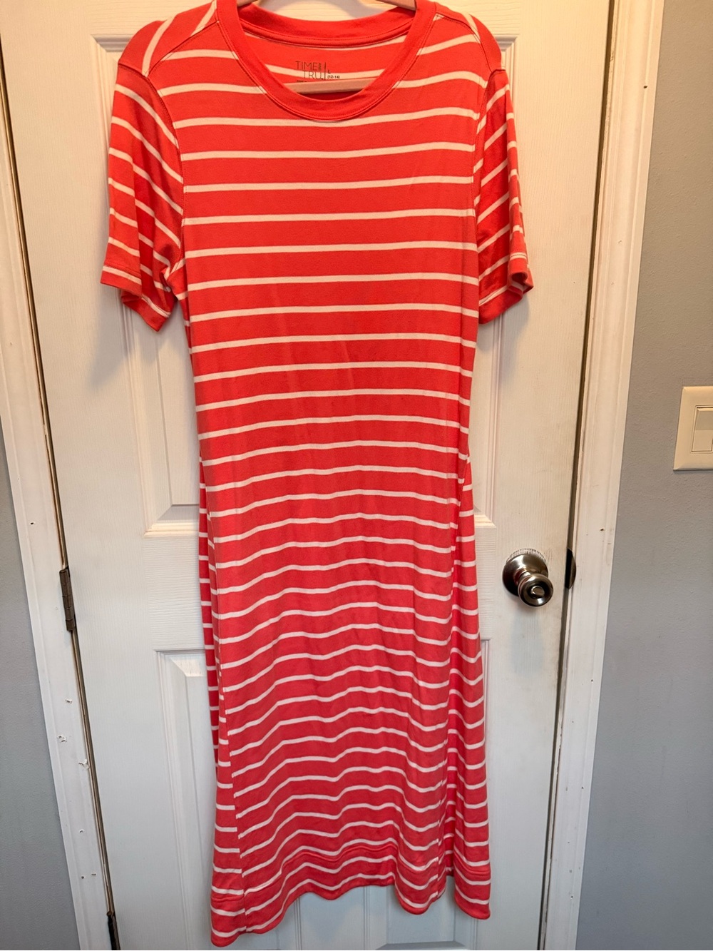 Time and Tru Striped Short Sleeve Maxi Dress - Coral & White